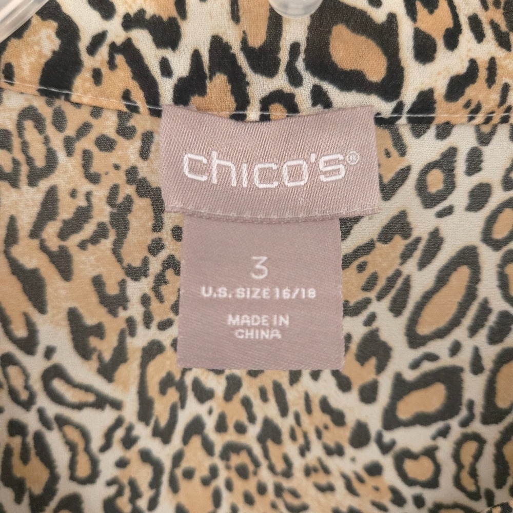 Chico's Button Down Chiffon Tunic Women 3 (XL) Tan Leopard Print Long Sleeve - Picture 4 of 8